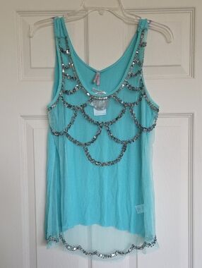 Vanity Aqua Sheer Front Sequin Drape Tank